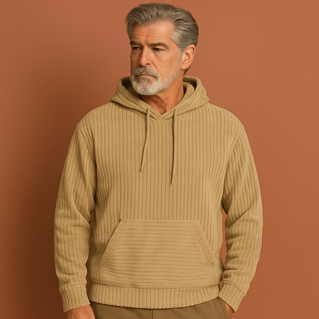 Beige corduroy hoodie voor heren met relaxte pasvorm en modern design, ideaal voor casual outfits.