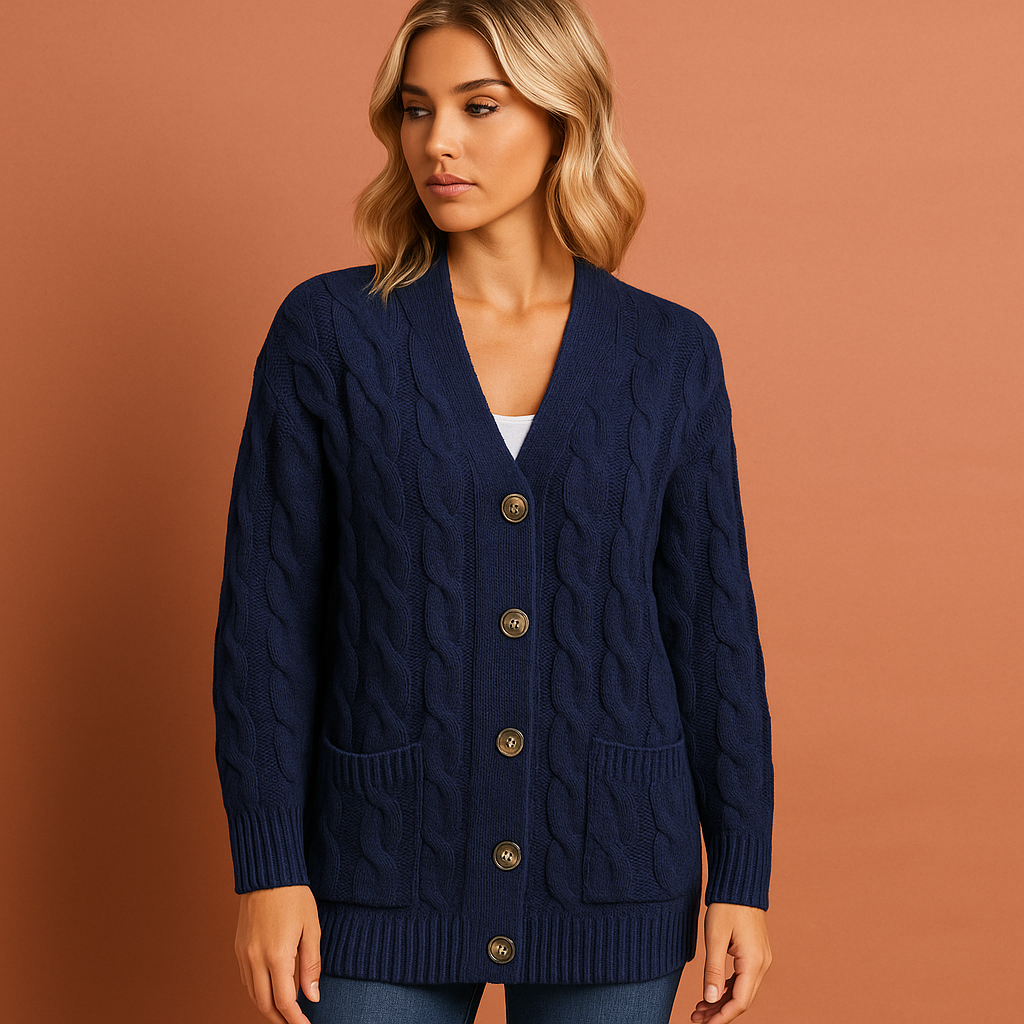 Dames vest in blauw met voorzakken en knoopsluiting, zacht en comfortabel voor casual en stijlvolle outfits.