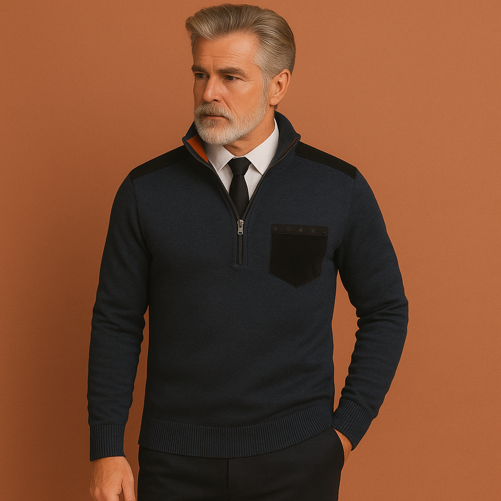 Heren pullover trui in Blauw met kraag en borstzak, warm en comfortabel voor casual en stijlvolle outfits.