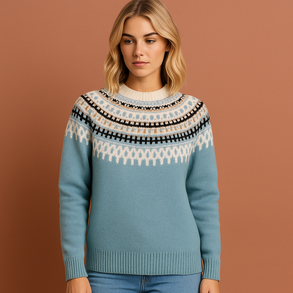 Damestrui in blauw met Scandinavisch winterpatroon, warm en comfortabel voor stijlvolle winterlooks.