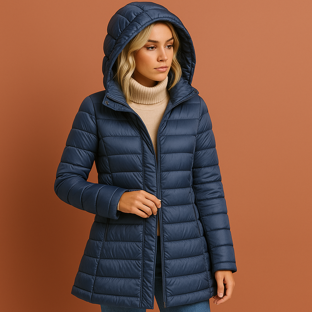Dames gewatteerde jas in blauw met afneembare capuchon, lichtgewicht en comfortabel voor dagelijks gebruik.