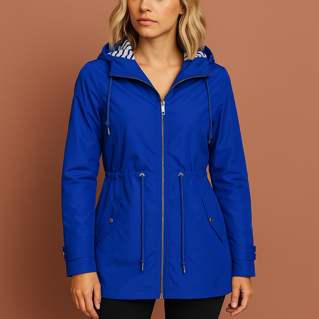 Dames regenjas in blauw met capuchon, licht en stijlvol voor elke regenachtige dag.