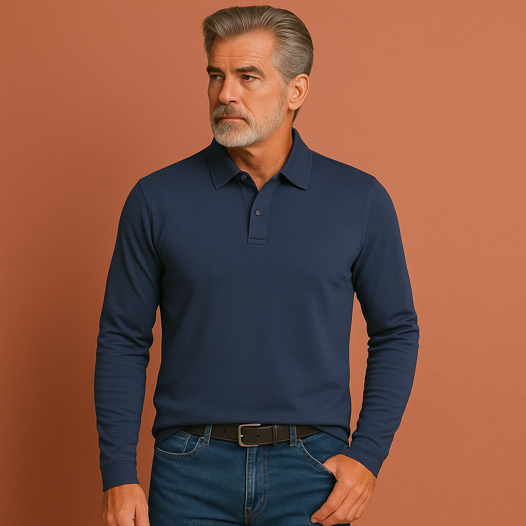 Heren polotrui in blauw met lange mouwen en polokraag, comfortabel en stijlvol voor casual en zakelijke outfits.
