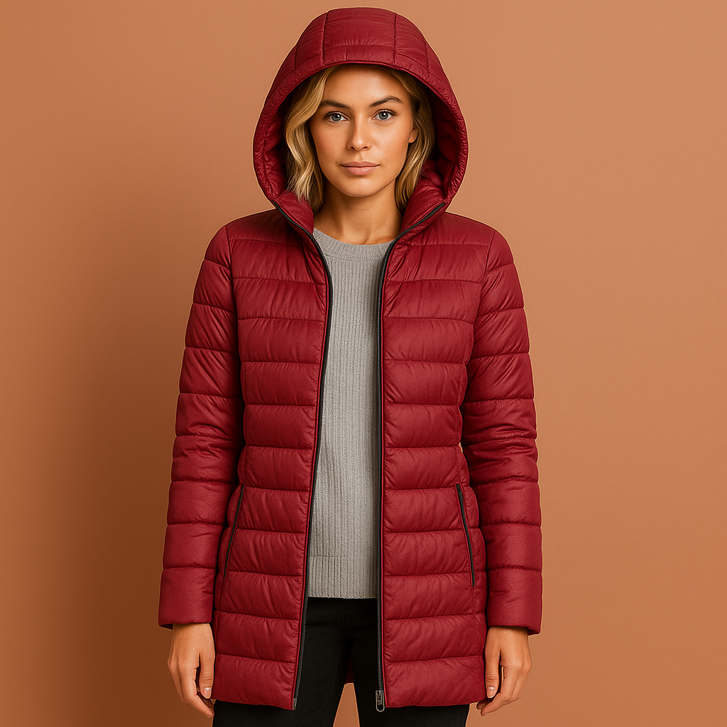 Dames gewatteerde jas in bordeaux met afneembare capuchon, warm en stijlvol voor winterdagen.