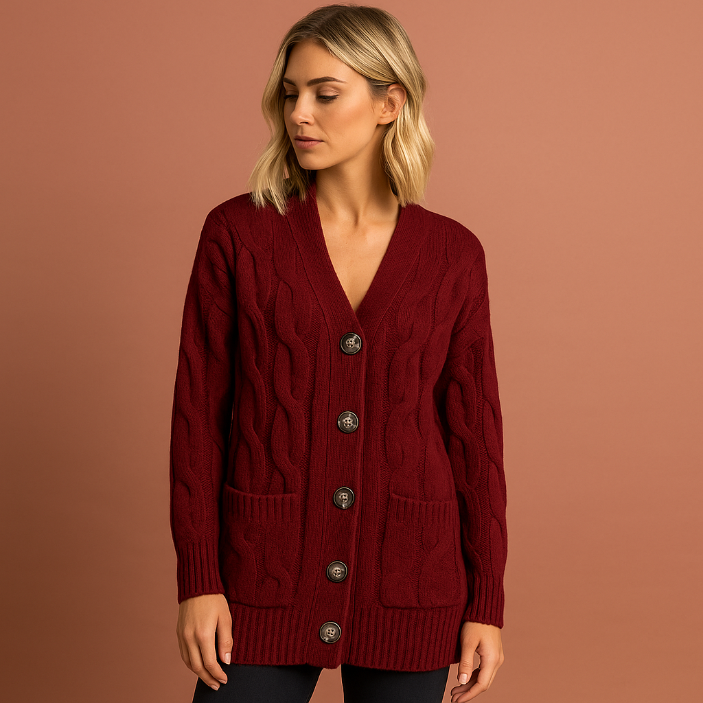 Dames vest in bordeaux rood met voorzakken en knoopsluiting, zacht en comfortabel voor casual en stijlvolle outfits.