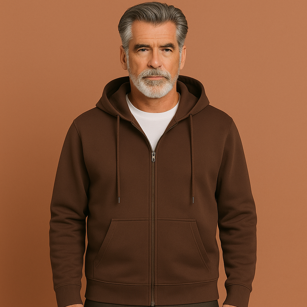 Bruin comfortabel heren vest met volledige rits en capuchon, ideaal voor frisse herfstdagen en casual outfits.