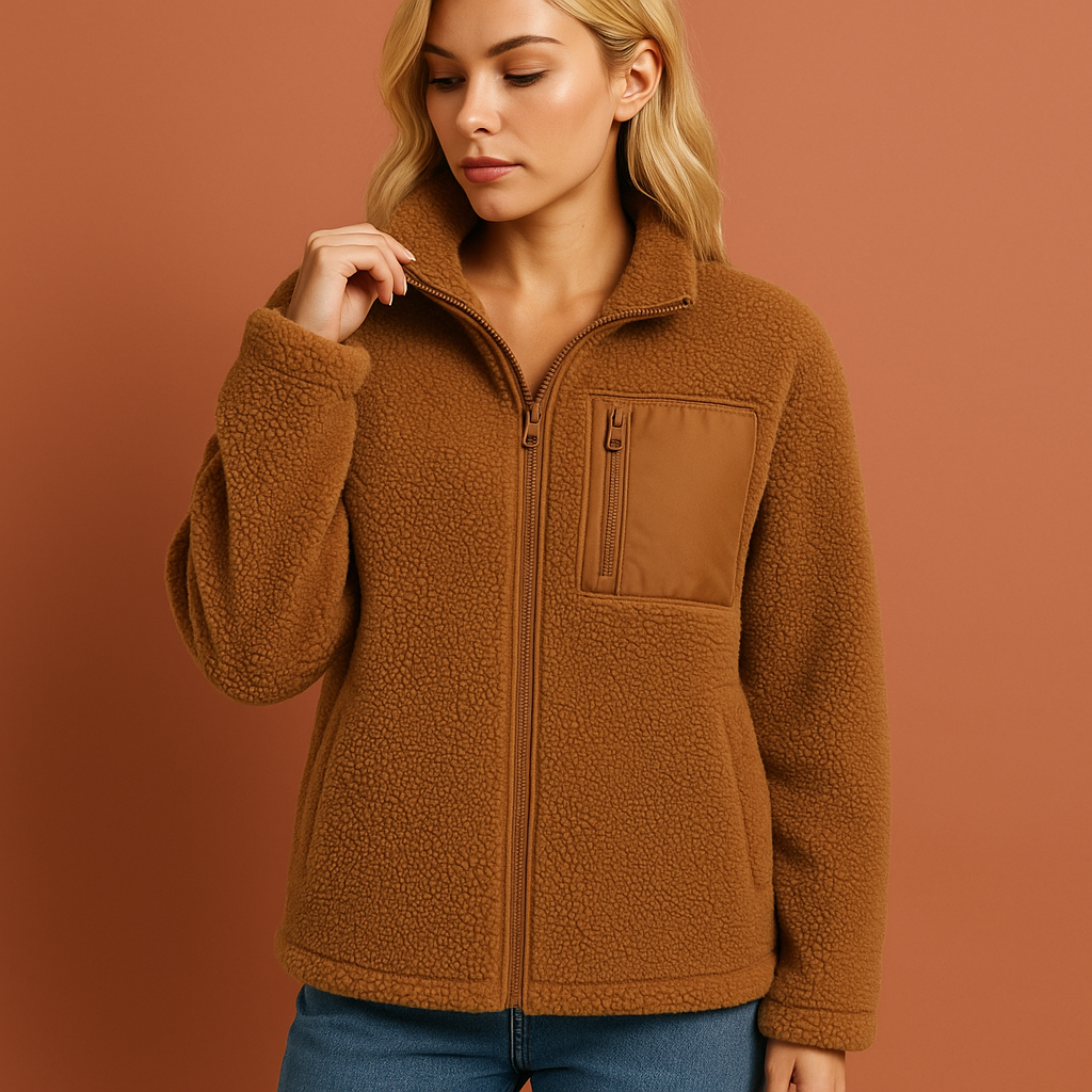 Dames teddy fleece jas in bruin met rits, zacht en comfortabel voor koude herfst- en winterdagen.