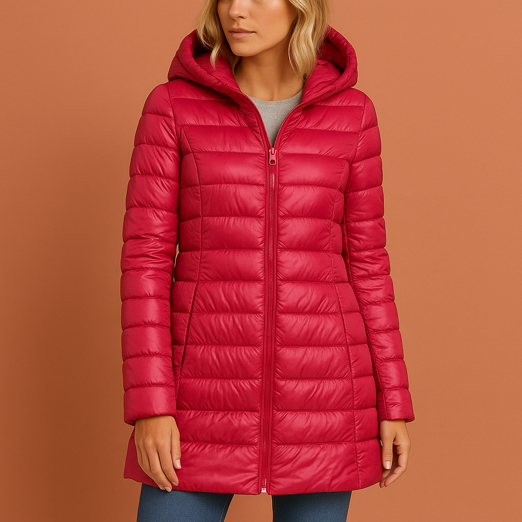 Dames gewatteerde jas in fuchsia met afneembare capuchon, modieus en comfortabel voor dagelijks gebruik.