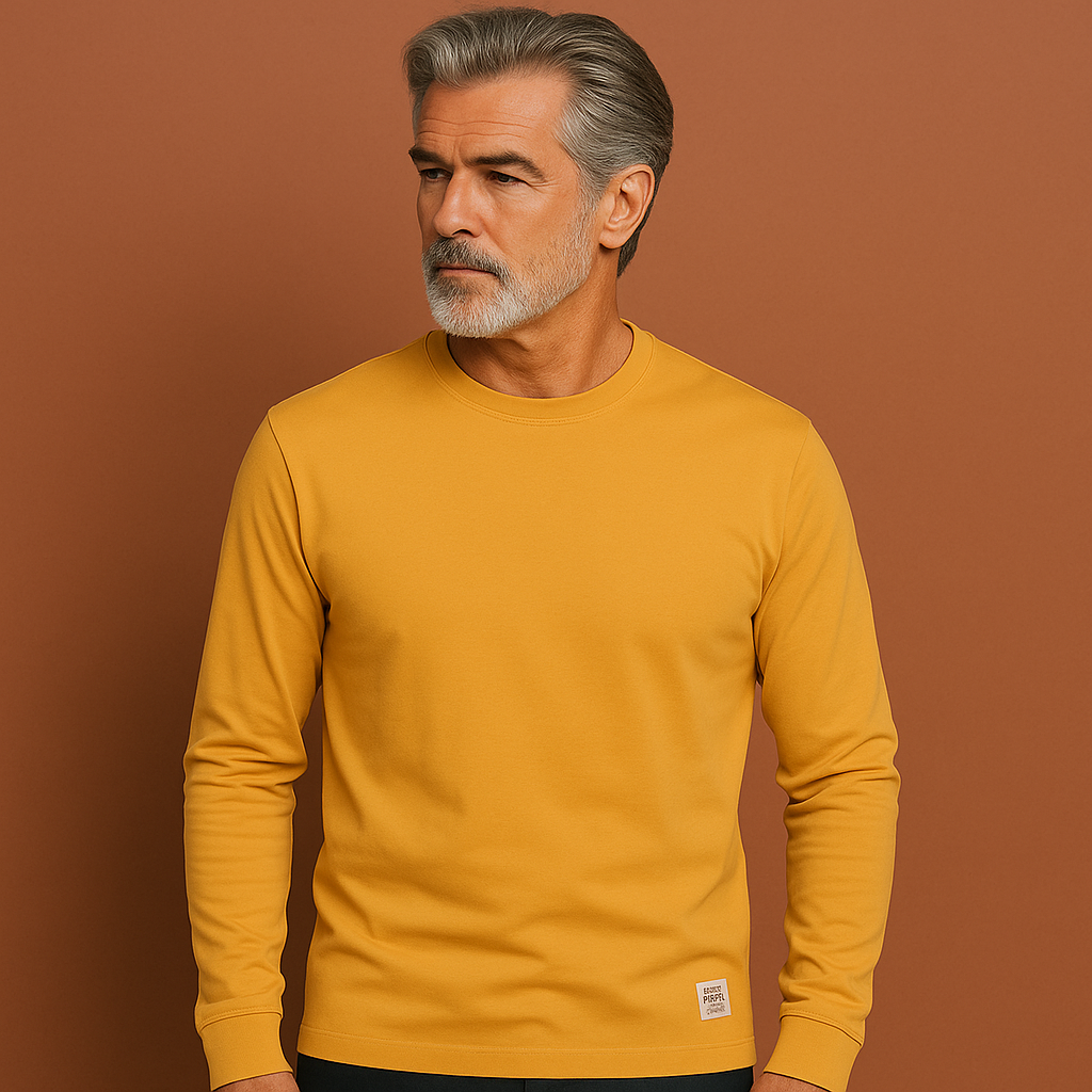 Heren katoenen trui in geel met ronde hals en lange mouwen, comfortabel en stijlvol voor casual outfits.