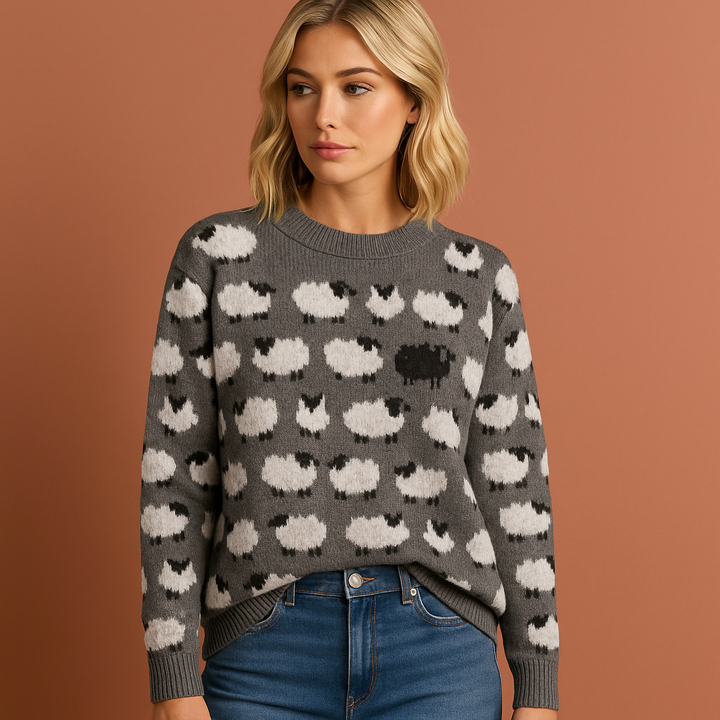 Dames retro gebreide trui in grijs met speels schapenpatroon, warm en comfortabel voor casual en stijlvolle outfits.