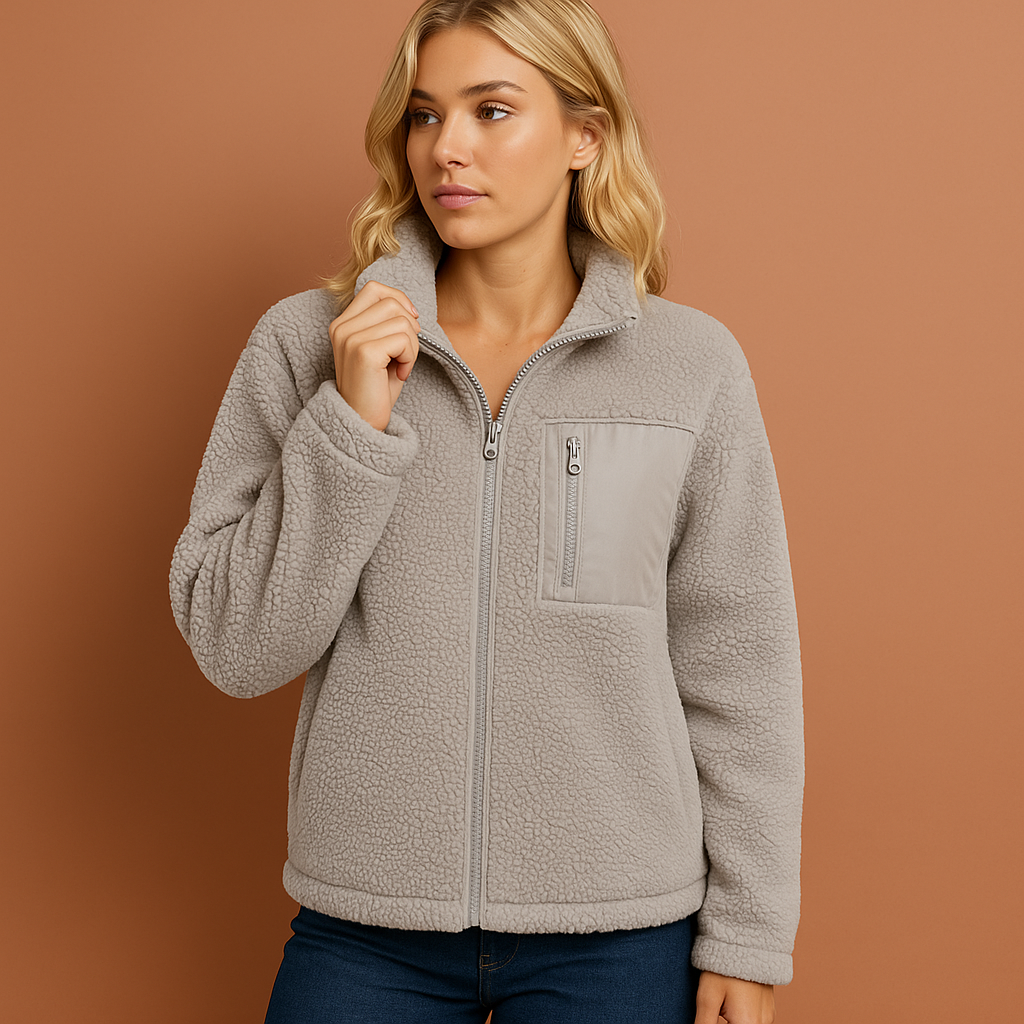Dames teddy fleece jas in grijs met rits, zacht en comfortabel voor koude herfst- en winterdagen.