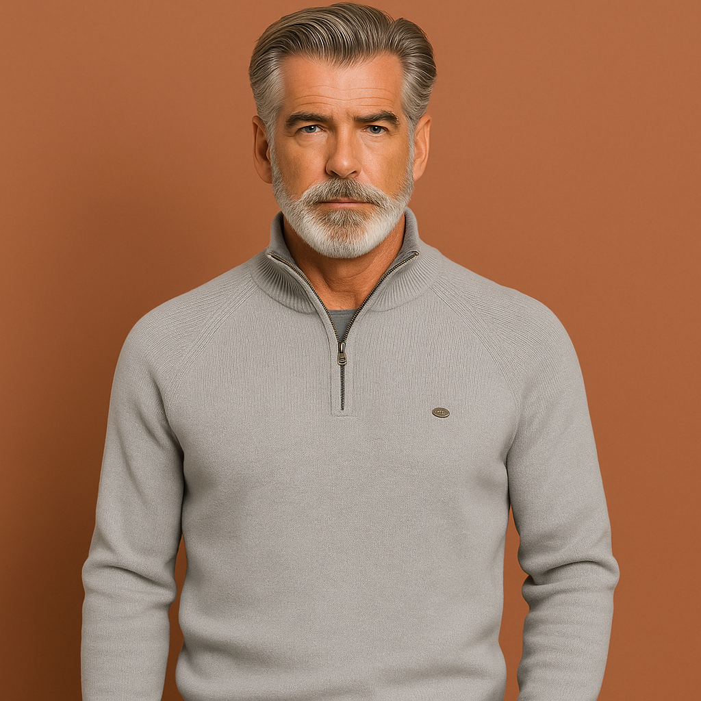 Grijs gebreide zip-up trui voor heren met warm ontwerp en klassiek model, ideaal voor koude dagen en casual outfits.