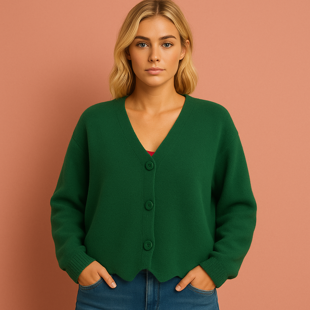 Dames gebreid vest in groen met V-hals en knopen, zacht en comfortabel voor casual en stijlvolle outfits.