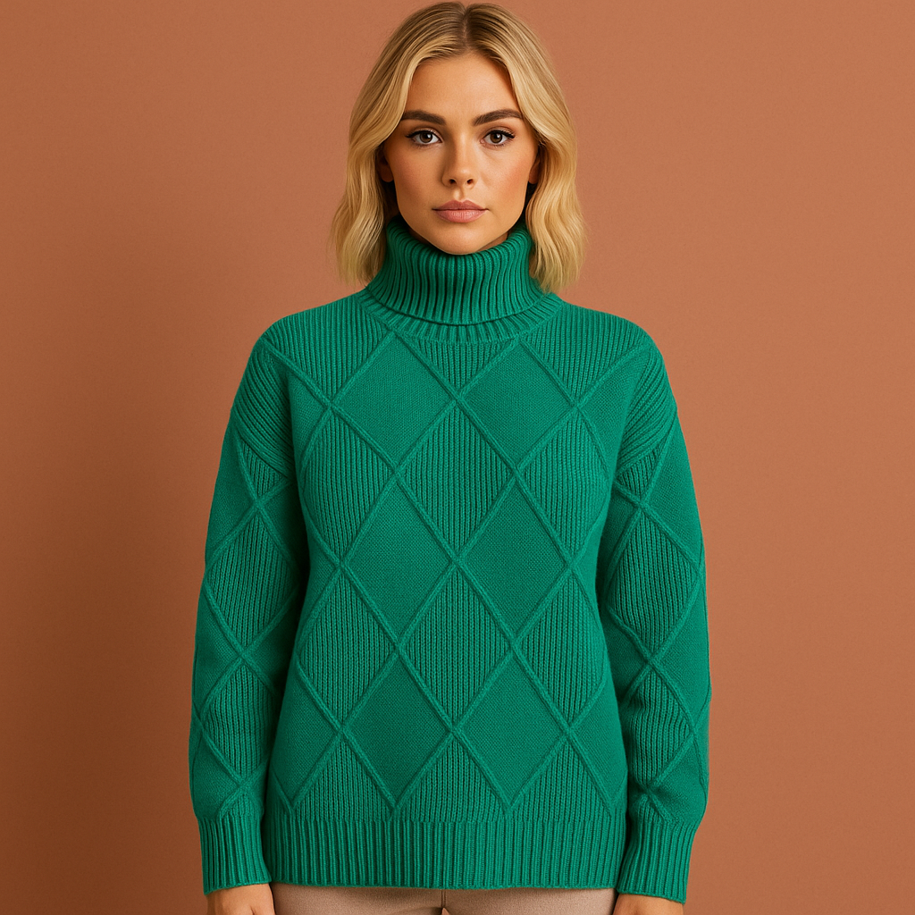 Dames coltrui in groen met geometrisch patroon, zacht en comfortabel voor casual en stijlvolle outfits.