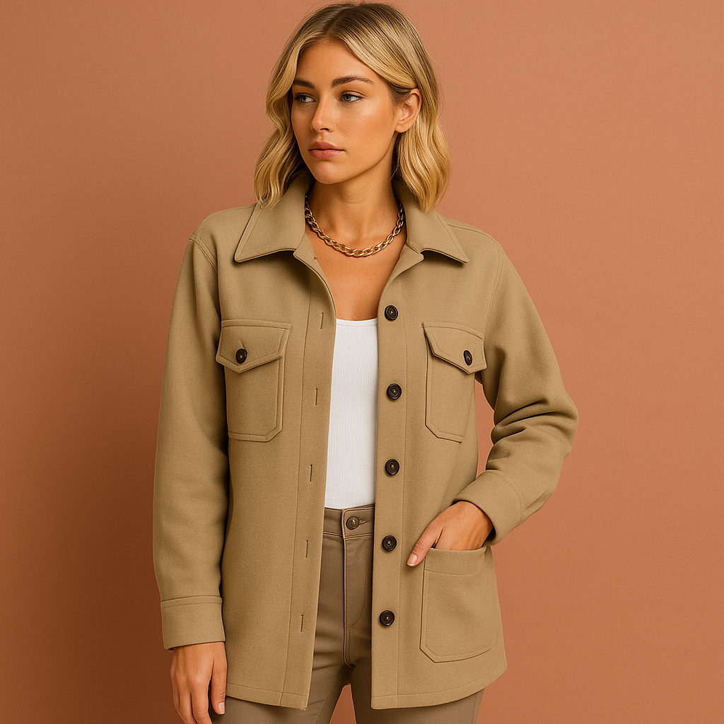 Dames herfstjas in khaki met elegante snit, lichtgewicht en comfortabel voor stijlvolle herfstoutfits.