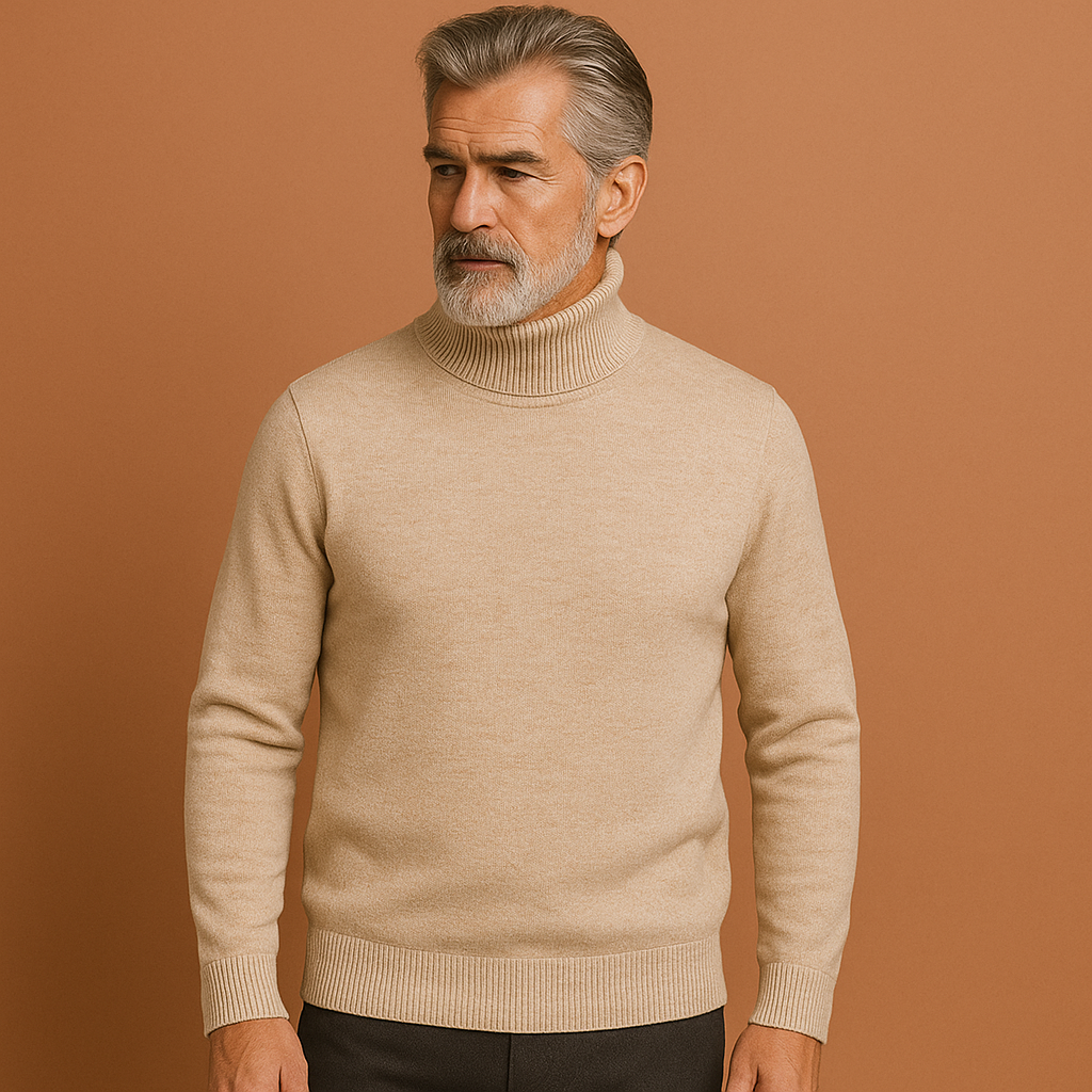 Heren coltrui in khaki met tijdloos design, zacht en comfortabel voor stijlvolle en zakelijke outfits.