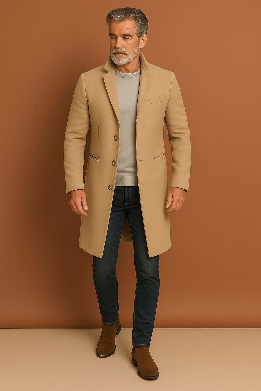 Heren trenchcoat in khaki met tijdloos design, warm en comfortabel voor zakelijke en casual outfits in de herfst en winter.