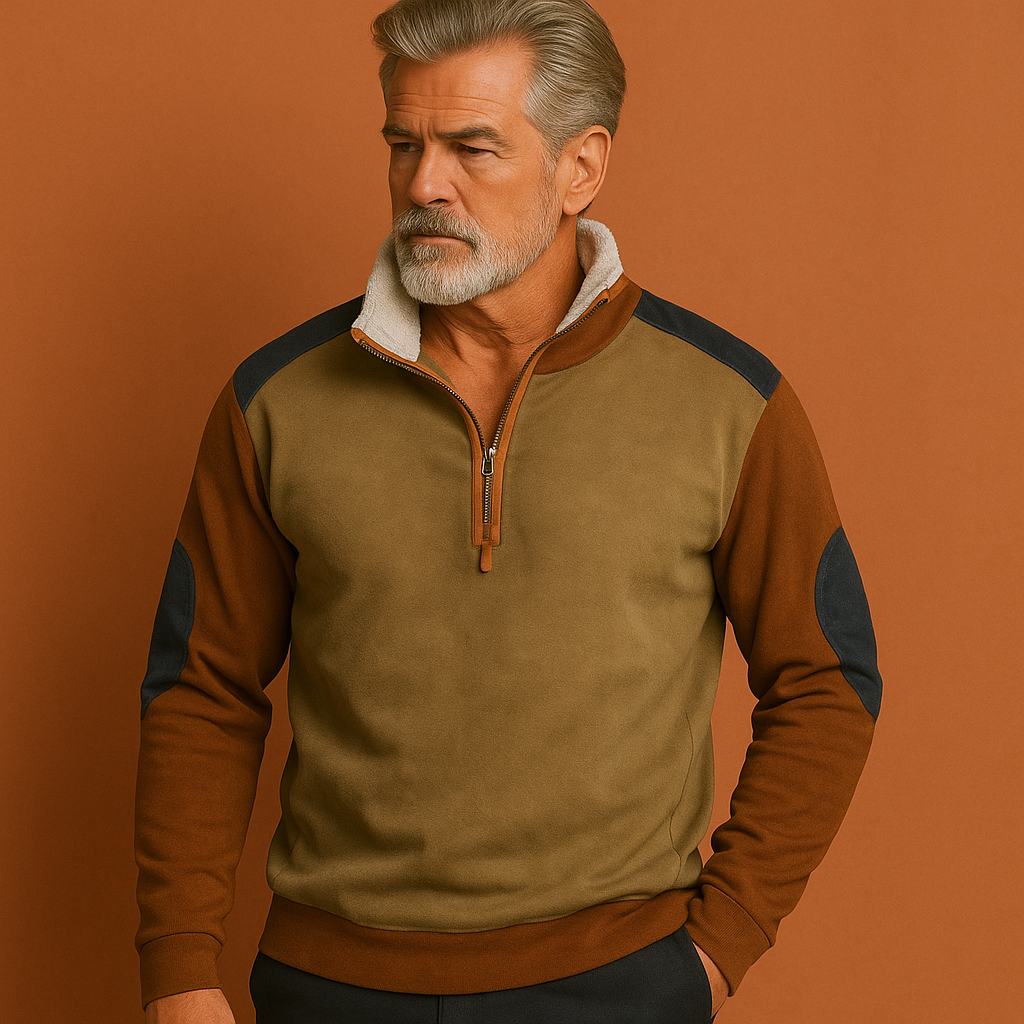 Heren vintage trui in lichtbruin met halve rits en contrasterende details, comfortabel en stijlvol voor casual outfits.