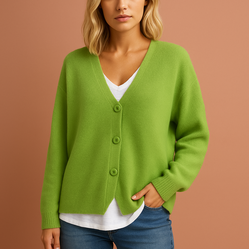 Dames gebreid vest in lichtgroen met V-hals en knopen, zacht en comfortabel voor casual en stijlvolle outfits.