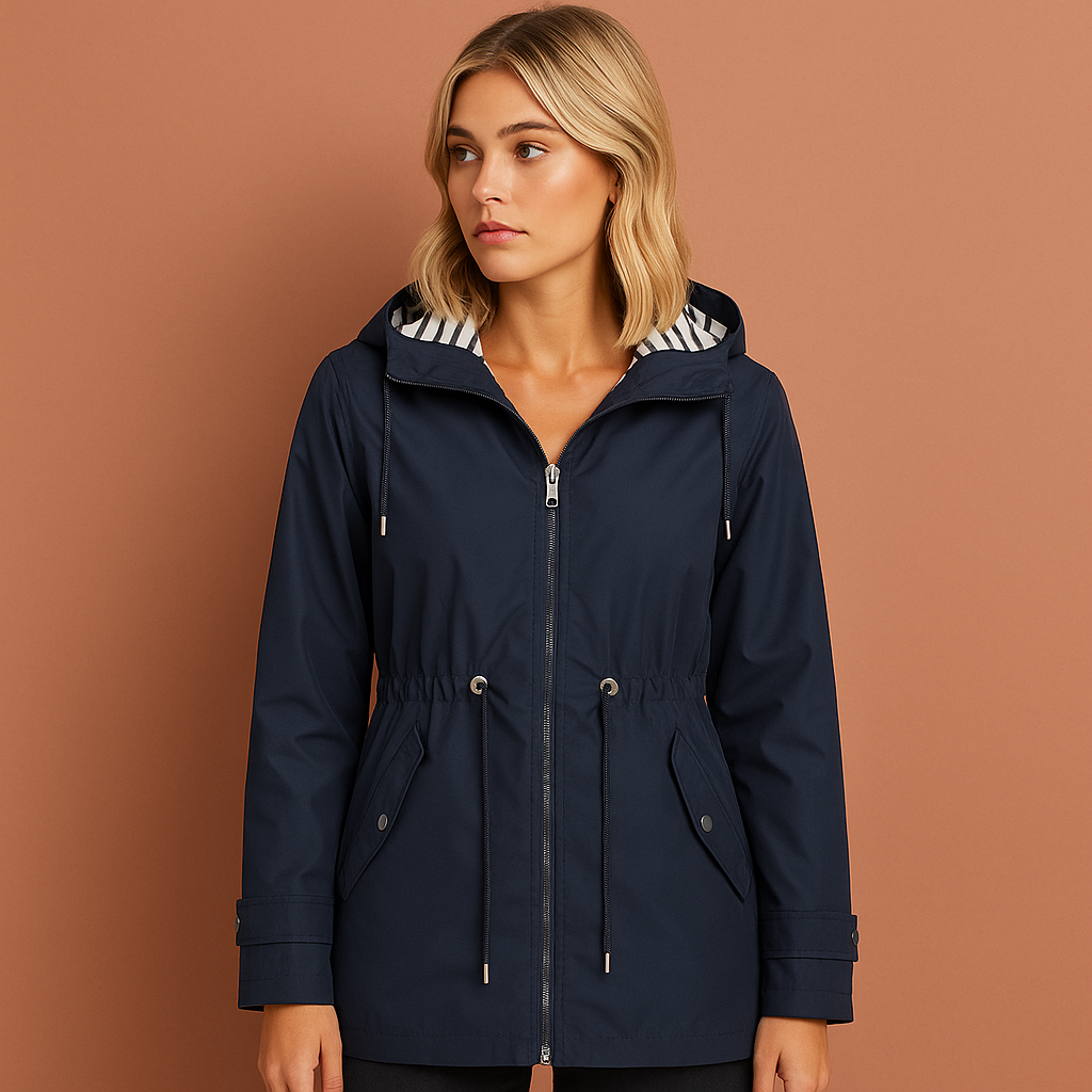 Dames regenjas in marineblauw met capuchon, ademend en waterdicht voor natte dagen.