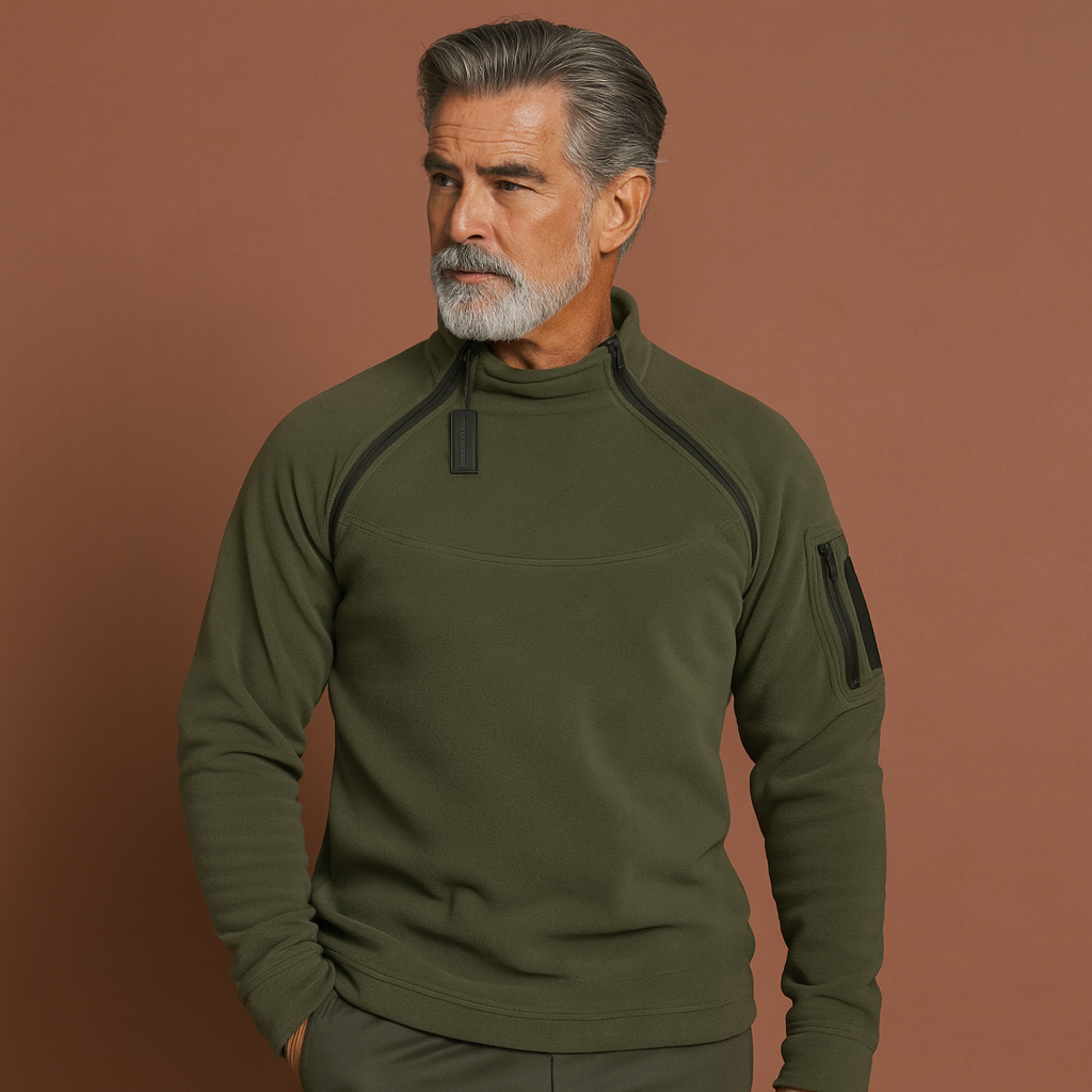 Heren fleecetrui in militair groen met tactisch design, warm en comfortabel voor buitenactiviteiten in koud weer.