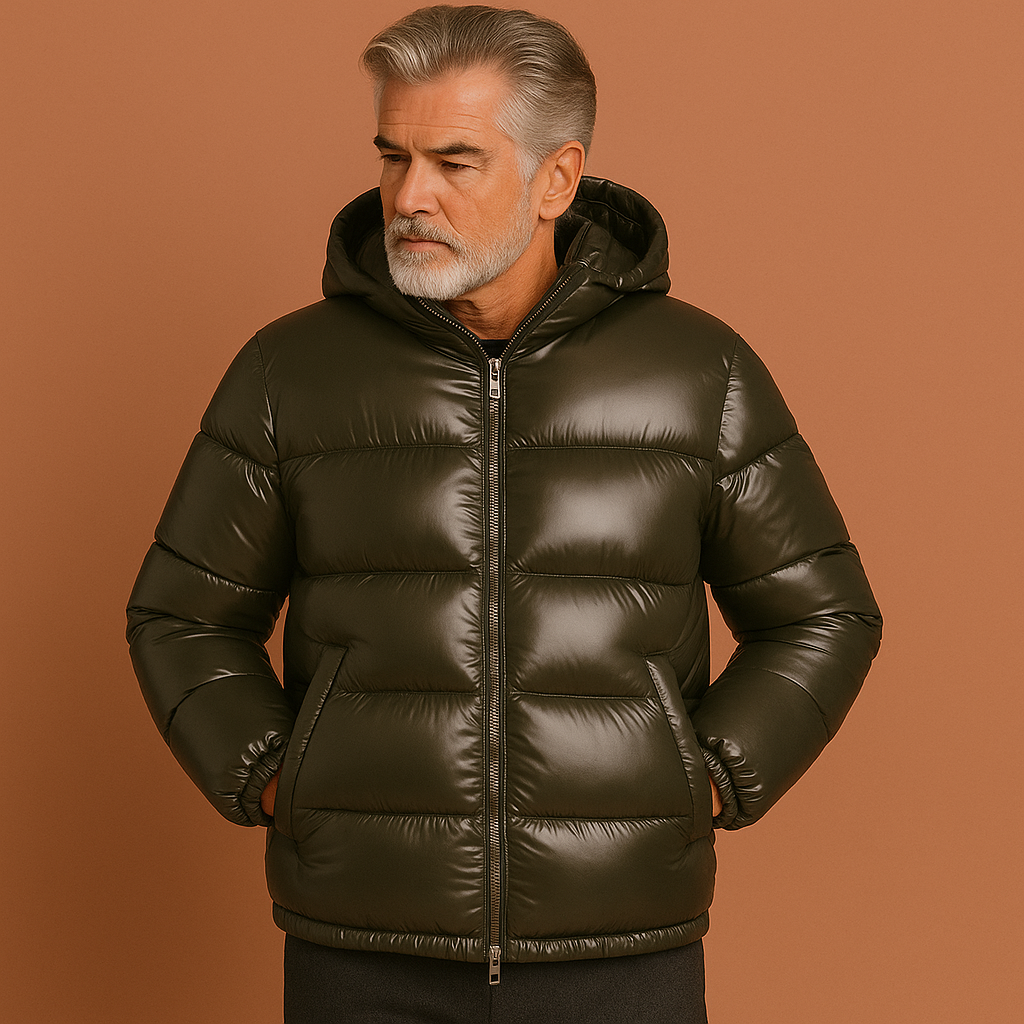 Heren puffer jacket in olijfgroen met waterafstotend design, warm en comfortabel voor koude winterdagen.
