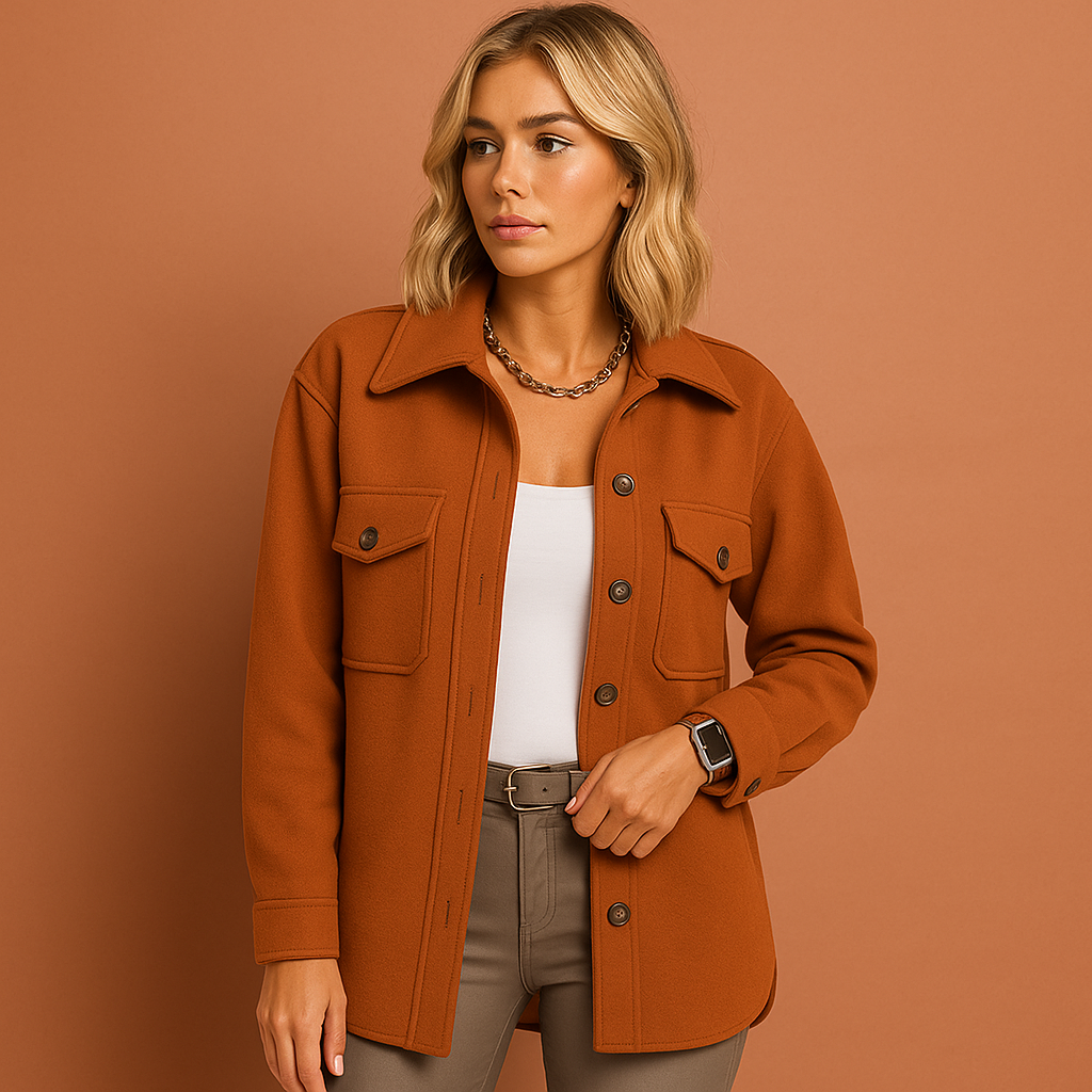 Dames herfstjas in oranje met elegante snit, lichtgewicht en comfortabel voor stijlvolle herfstoutfits.