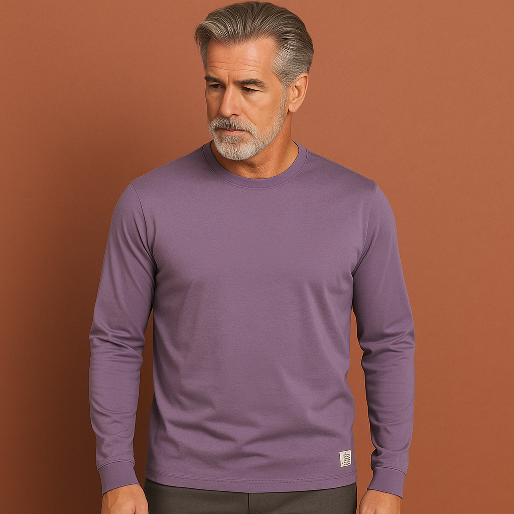Heren katoenen trui in paars met ronde hals en lange mouwen, comfortabel en stijlvol voor casual outfits.