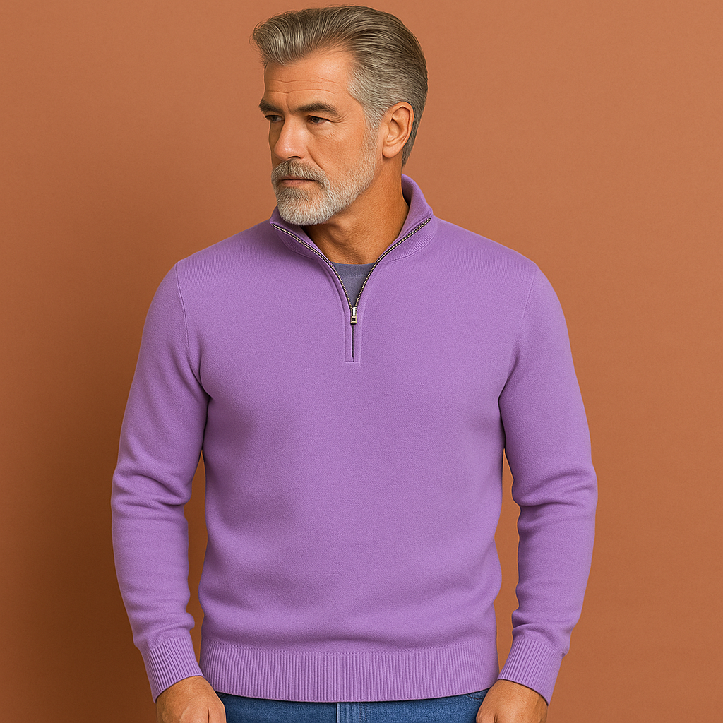 Herentrui in paars met kwartritssluiting, zacht en comfortabel voor casual en stijlvolle outfits.