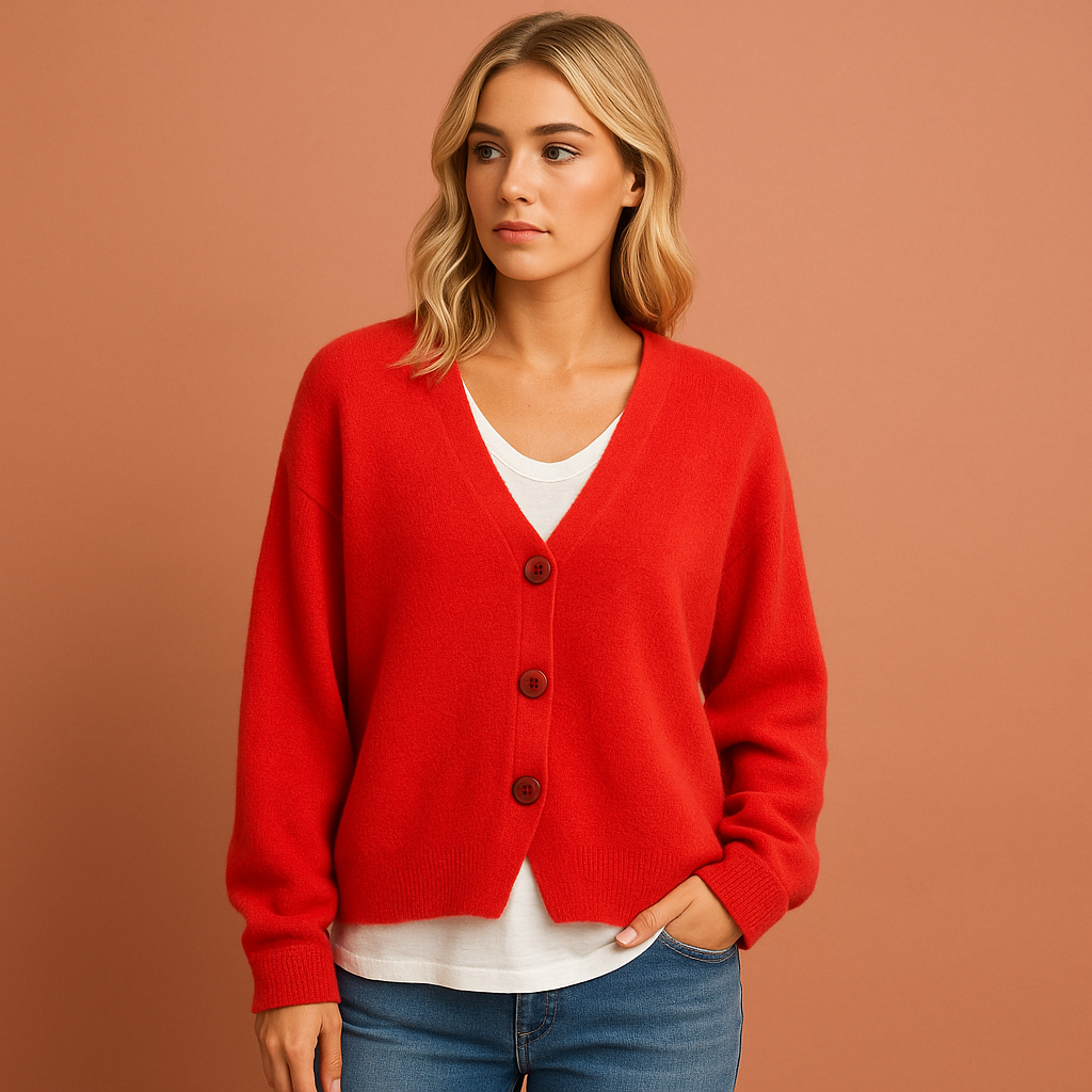 Dames gebreid vest in rood met V-hals en knopen, zacht en comfortabel voor casual en stijlvolle outfits.