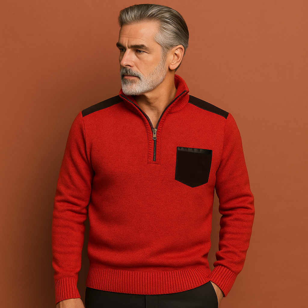 Heren pullover trui in Roodkleur met kraag en borstzak, warm en comfortabel voor casual en stijlvolle outfits.