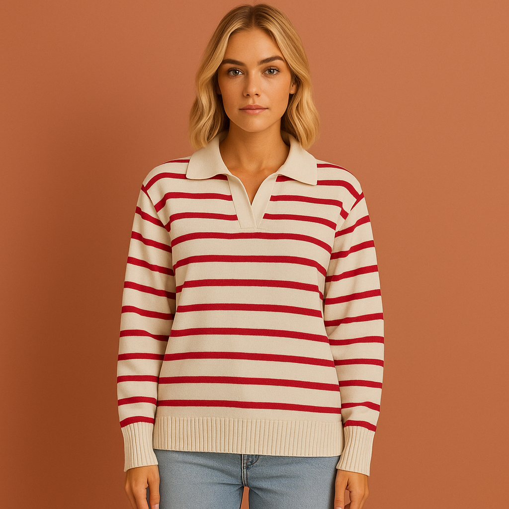 Dames polo in wijnrood met lange mouwen en gestreept design, zacht en comfortabel voor casual en stijlvolle outfits.