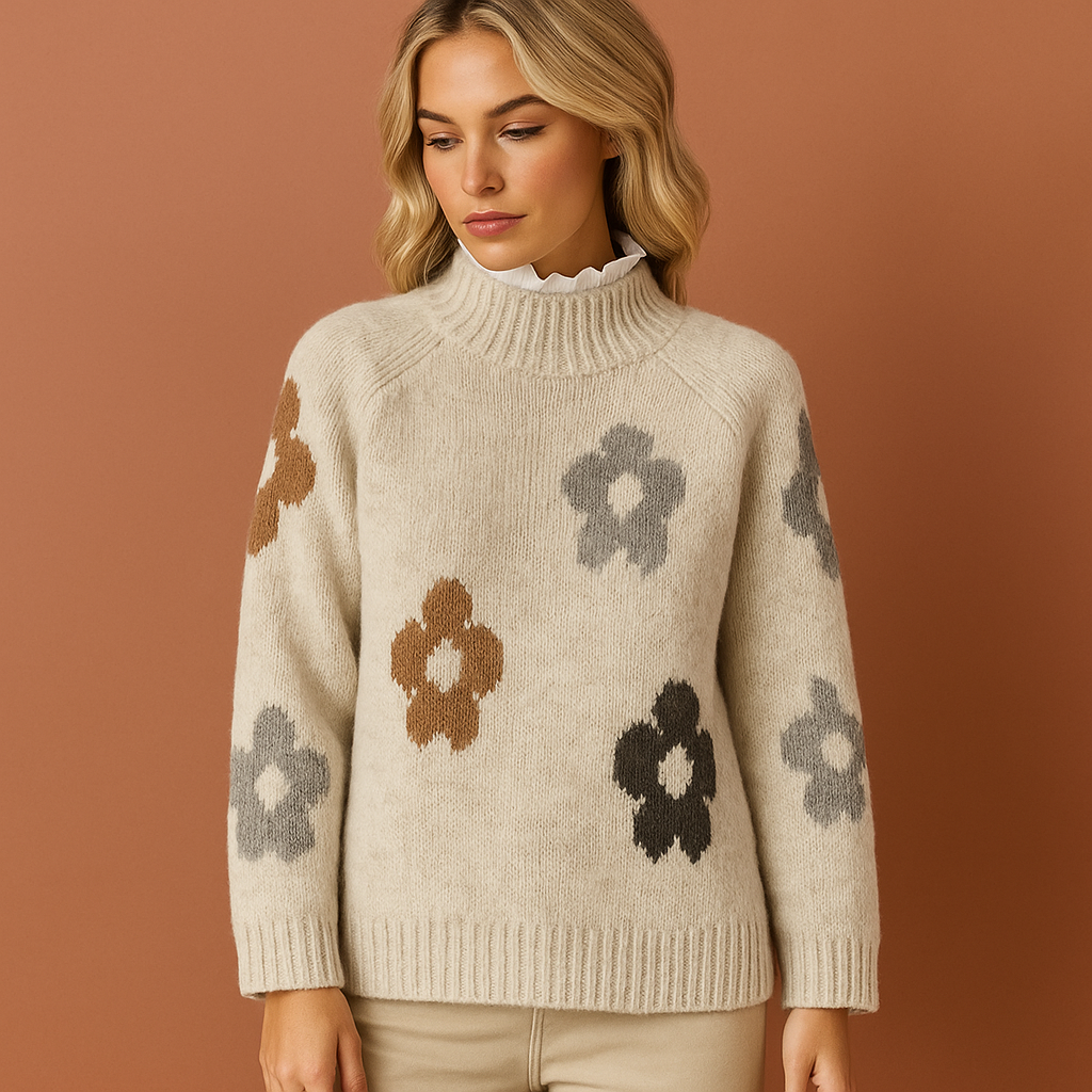 Dames gebreide trui in wit met bruine en grijze bloemen, warm en stijlvol voor casual en chique outfits.