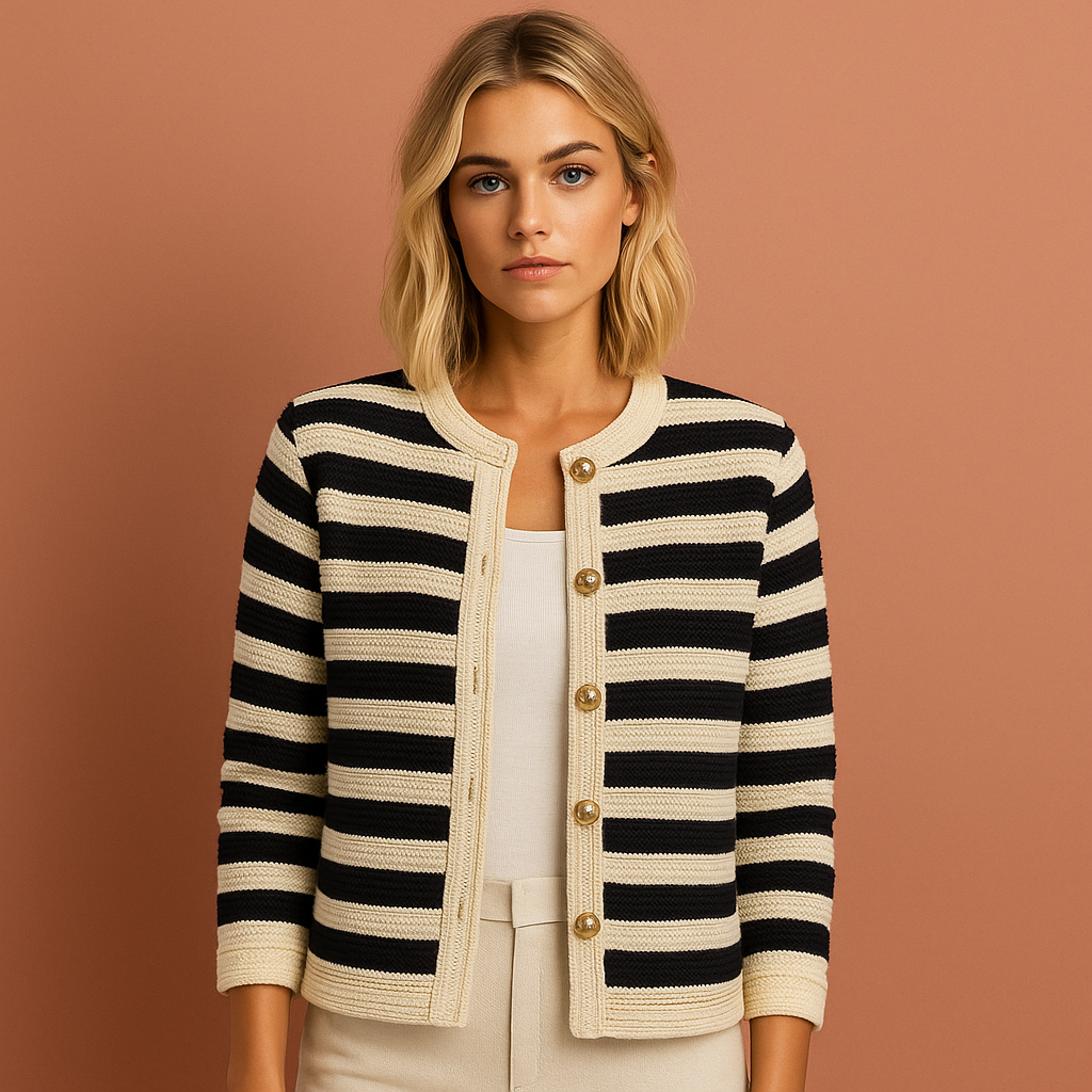Dames vest in zwart-wit met strepen en knoopsluiting, zacht en comfortabel voor casual en stijlvolle outfits.