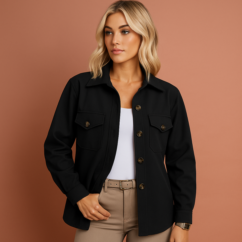 Dames herfstjas in zwart met elegante snit, lichtgewicht en comfortabel voor stijlvolle herfstoutfits.