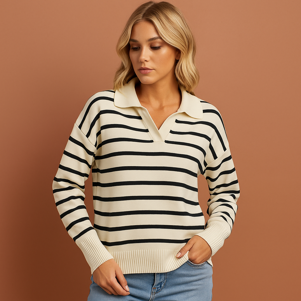 Dames polo in zwart met lange mouwen en gestreept design, zacht en comfortabel voor casual en stijlvolle outfits.
