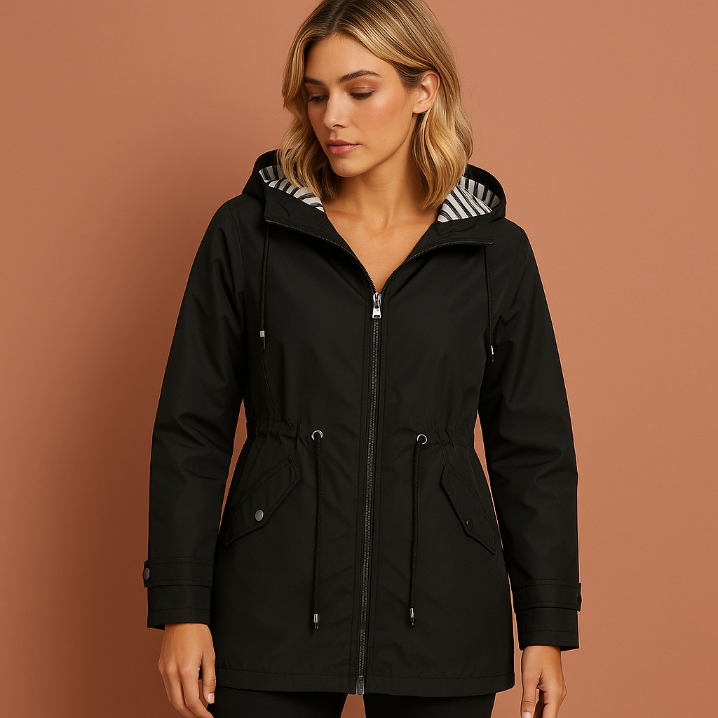 Dames regenjas in zwart met capuchon, elegant en waterdicht voor dagelijks gebruik in de regen.