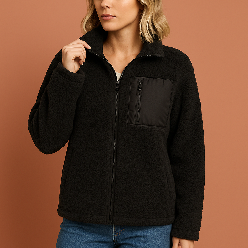 Dames teddy fleece jas in zwart met rits, zacht en comfortabel voor koude herfst- en winterdagen.