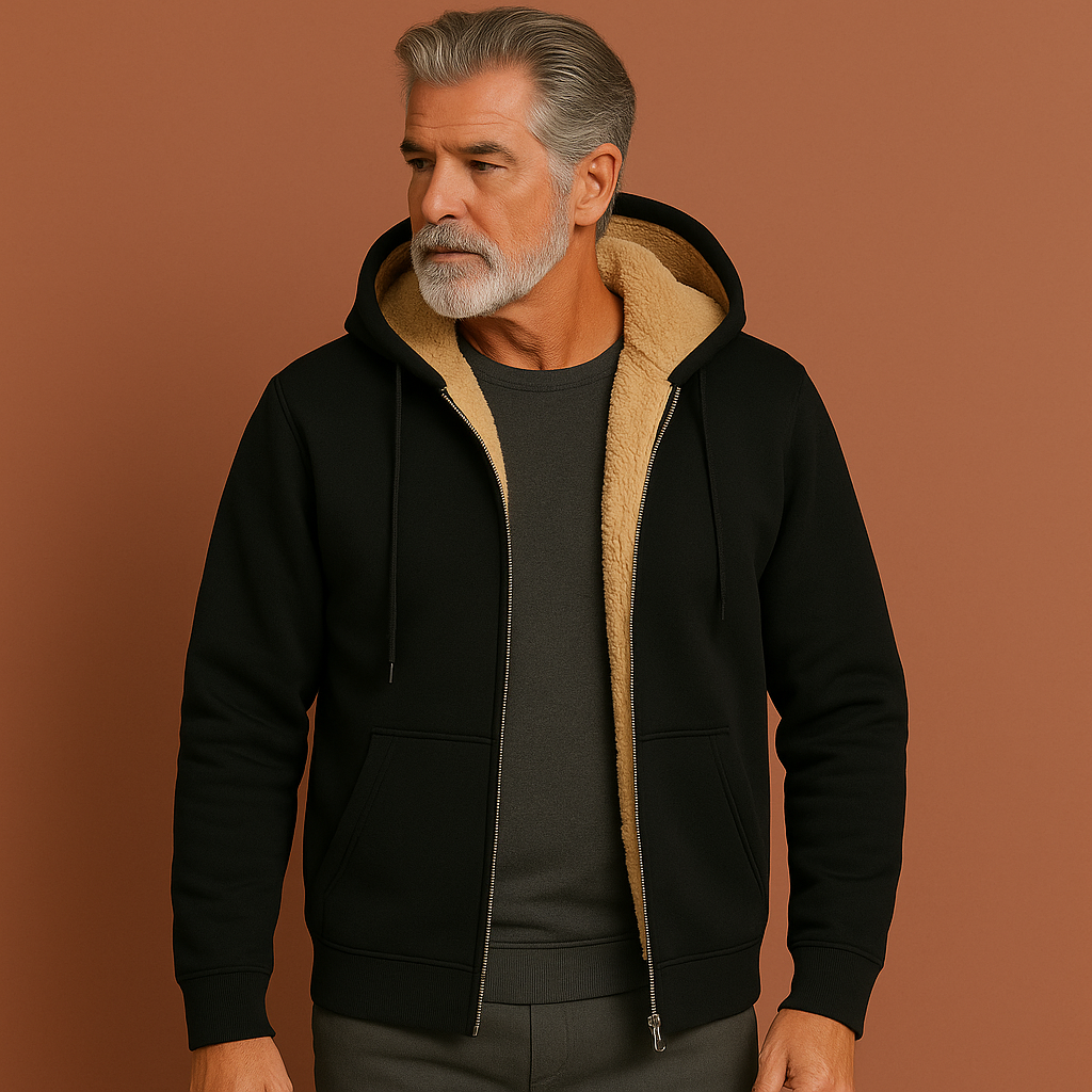 Heren fleece trui in zwart met bontvoering, warm en comfortabel voor casual en stijlvolle outfits in de herfst en winter.