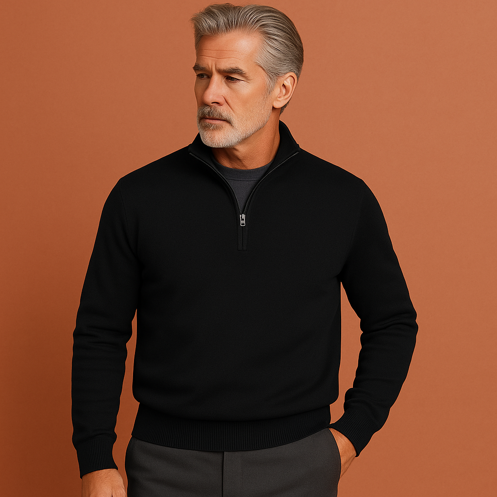 Herentrui in zwart met kwartritssluiting, zacht en comfortabel voor casual en stijlvolle outfits.