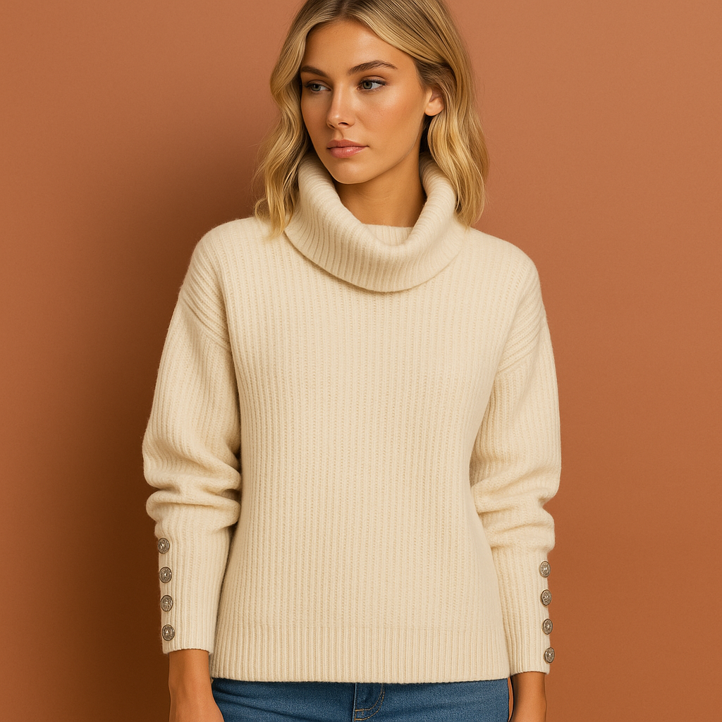 Beige dames coltrui met comfortabele pasvorm en hoge kraag, perfect voor herfst en winter.