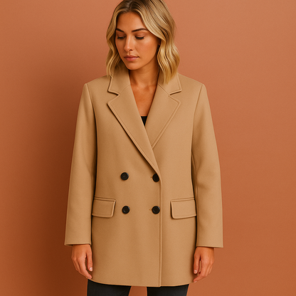 Lange damesjas in beige met dubbele knopen en omvouwkraag, stijlvol en comfortabel voor herfst en winter.