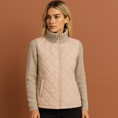 Dames patchwork gebreid vest in beige met losvallend design, warm en comfortabel voor casual outfits.