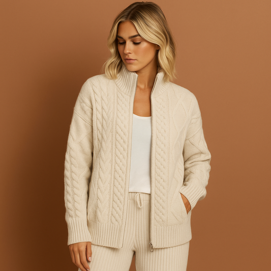 Dames vest in beige met hoge halslijn, zacht en comfortabel voor elegante en casual outfits.