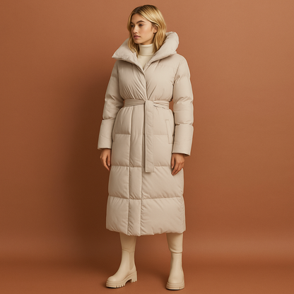 Dames winterjas in beige met elegante pasvorm, warm en comfortabel voor herfst en winter.