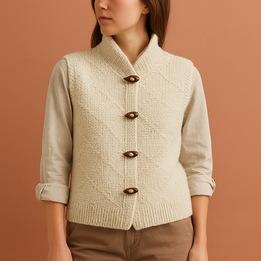 Gebreid damesvest in beige met knoopsluiting en hoge kraag, zacht en comfortabel voor casual en stijlvolle outfits.