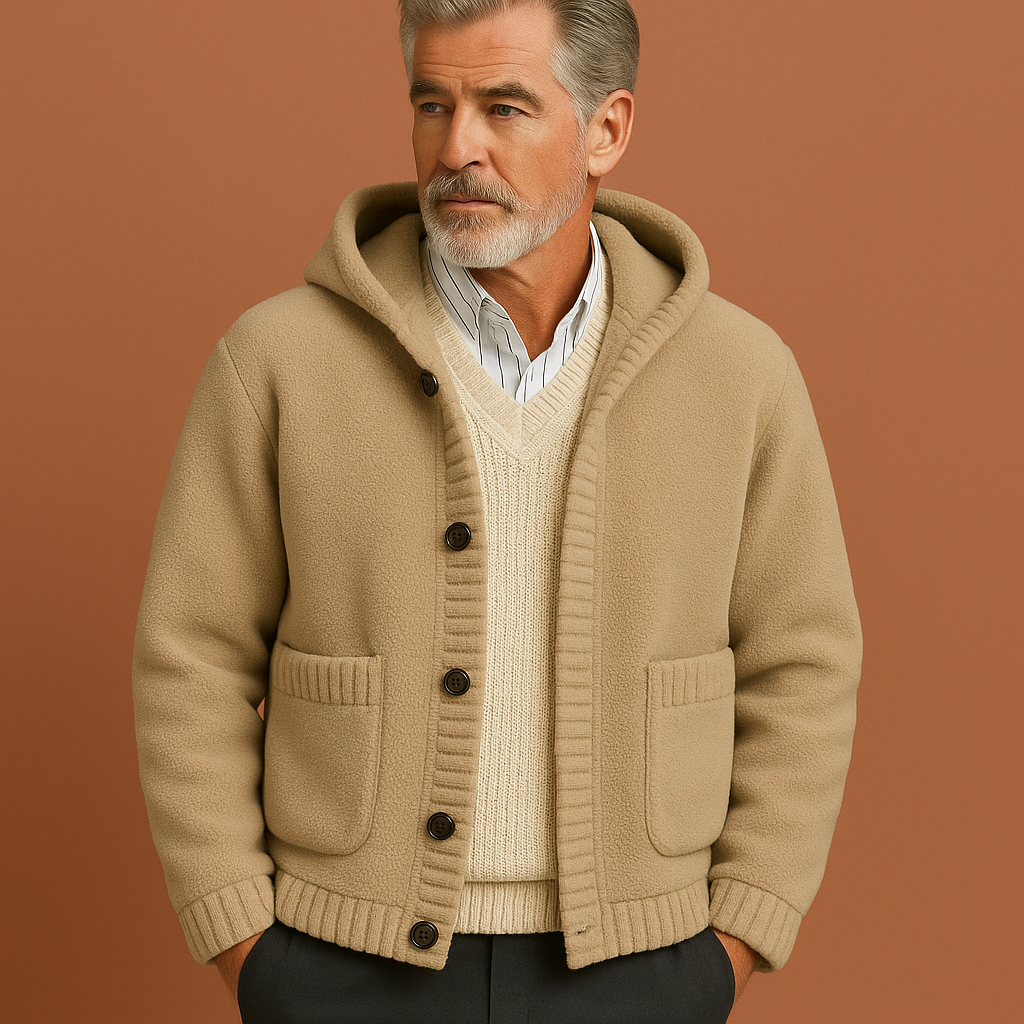 Beige gebreide hoodie jas voor heren met moderne pasvorm en capuchon, ideaal voor koude dagen en casual outfits