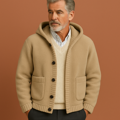 Beige gebreide hoodie jas voor heren met moderne pasvorm en capuchon, ideaal voor koude dagen en casual outfits