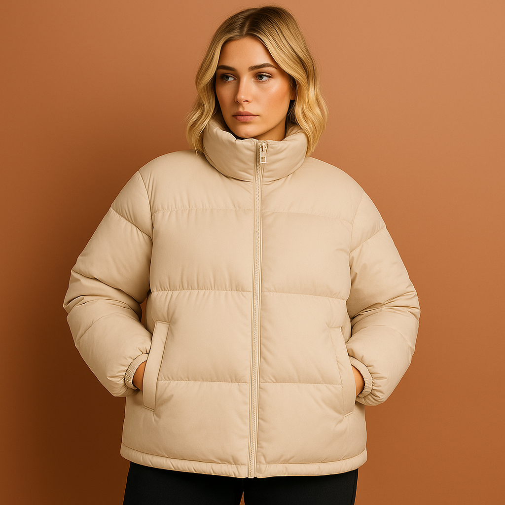 Beige dames winterjas met gewatteerd design en elegante pasvorm, perfect voor koude dagen en stijlvolle winterlooks.