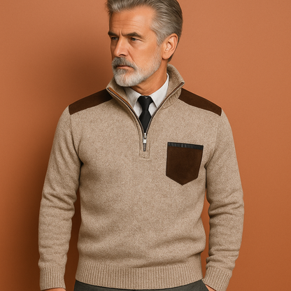 Heren pullover trui in beige met kraag en borstzak, warm en comfortabel voor casual en stijlvolle outfits.